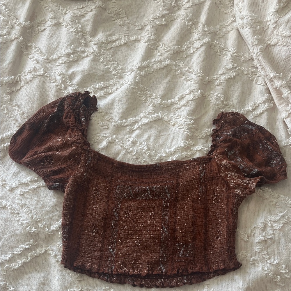 Altar'd State Brown Puff Sleeve Crop Top